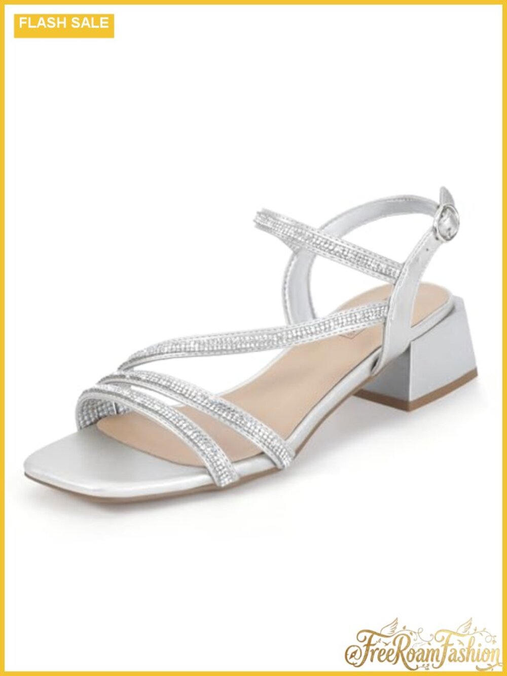 Rhinestone Strappy Block Low Heels Slingback Square Toe Sandals